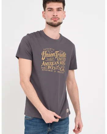 Tricou cu decolteu la baza gatului si imprimeu logo, Portocaliu persan/Gri inchis