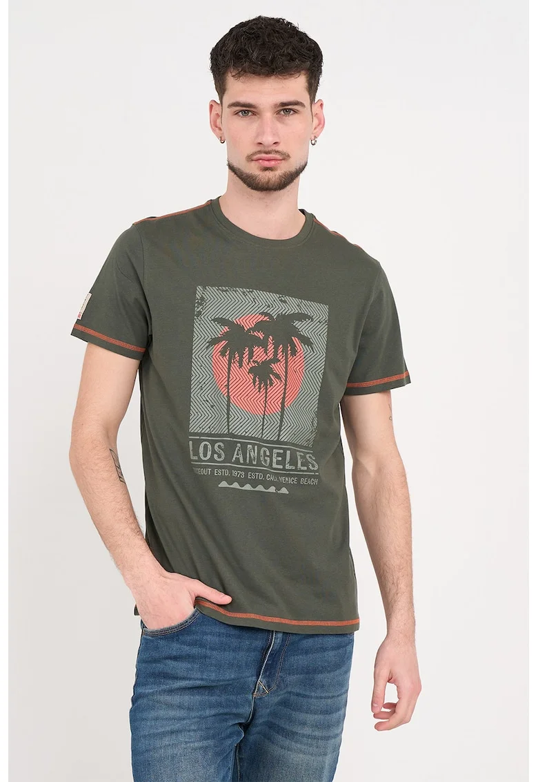 Tricou din bumbac cu imprimeu grafic si text, Coral/Verde pal/Kaki