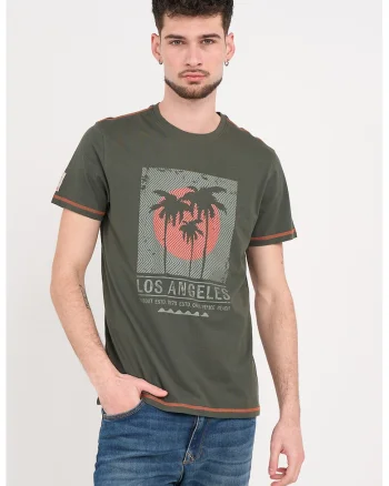 Tricou din bumbac cu imprimeu grafic si text, Coral/Verde pal/Kaki