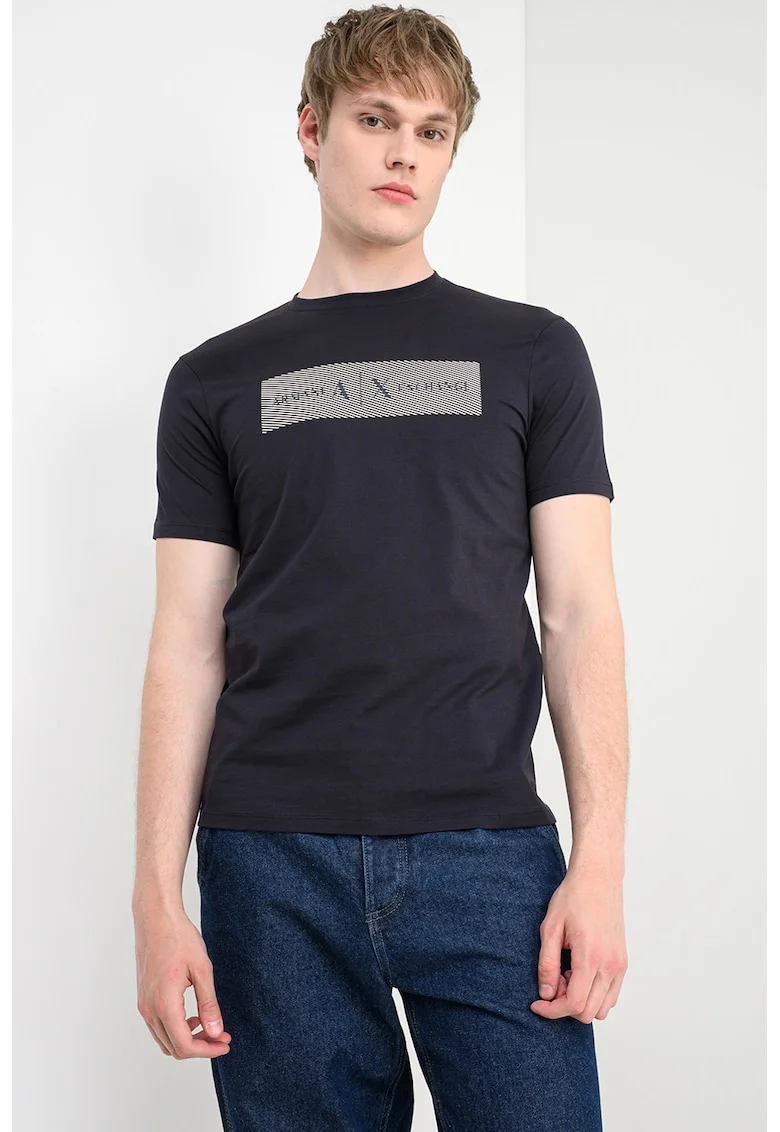 Tricou cu decolteu la baza gatului si imprimeu logo, Alb/Albastru ultramarin