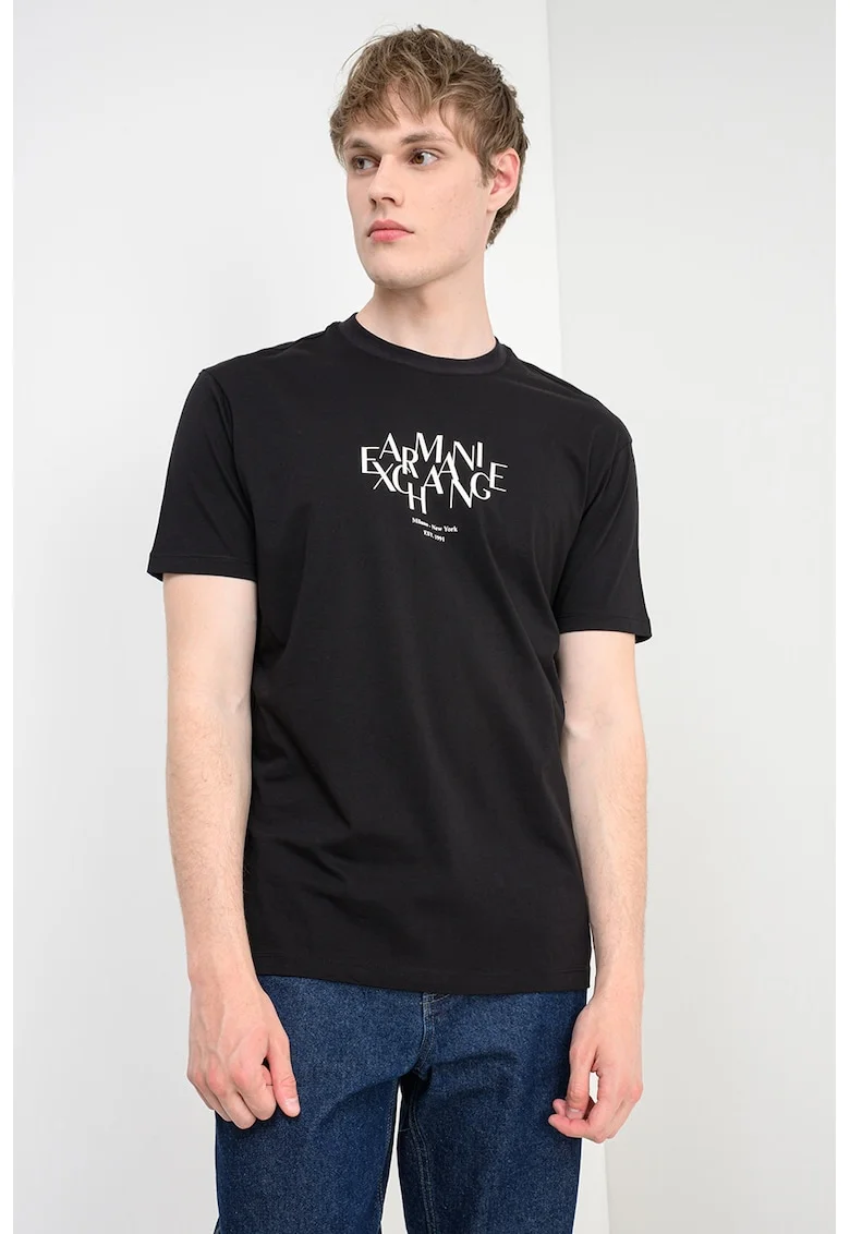 Tricou de bumbac cu logo, Alb/Negru stins