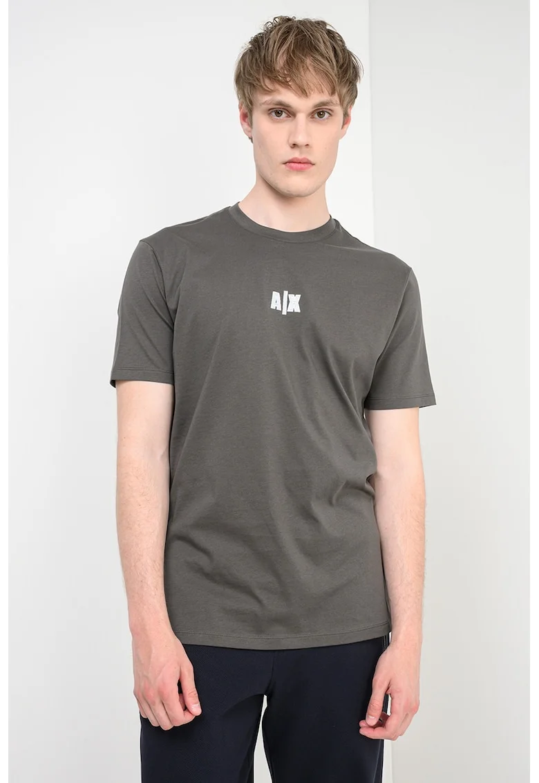 Tricou cu decolteu la baza gatului si model monograma, Kaki/Alb murdar