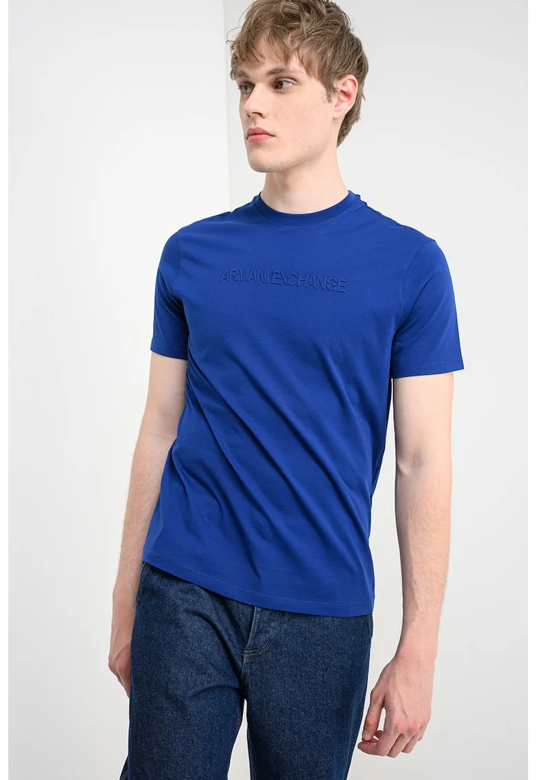 Tricou slim fit cu logo in relief, Albastru royal