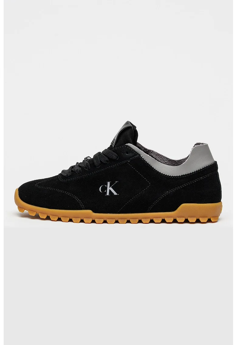 Pantofi sport din piele intoarsa cu sireturi cu texturi variate, Negru/Gri cenusiu