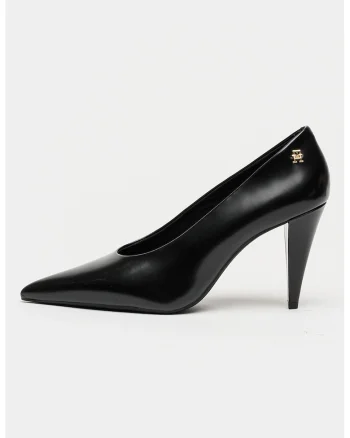 Pantofi de piele lacuita cu varf ascutit si toc inalt, Negru