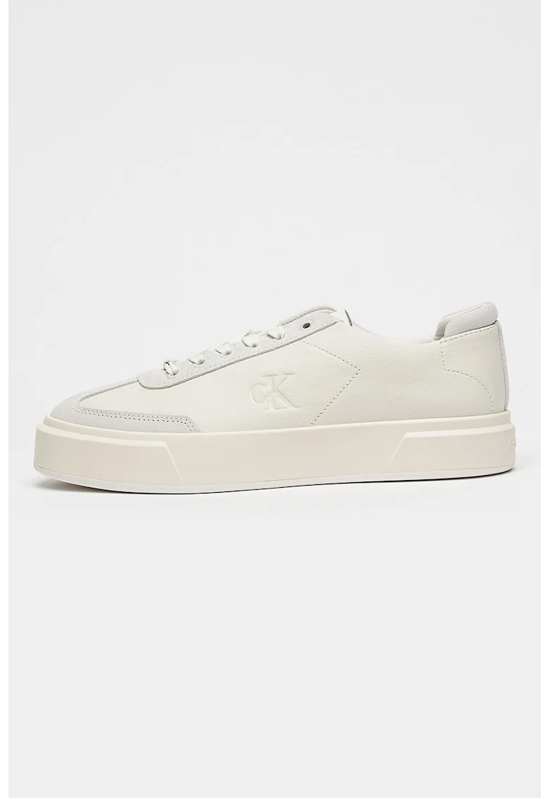 Pantofi sport low-cut de piele cu talpa cupsoe, pentru bashet, Alb optic/Alb murdar