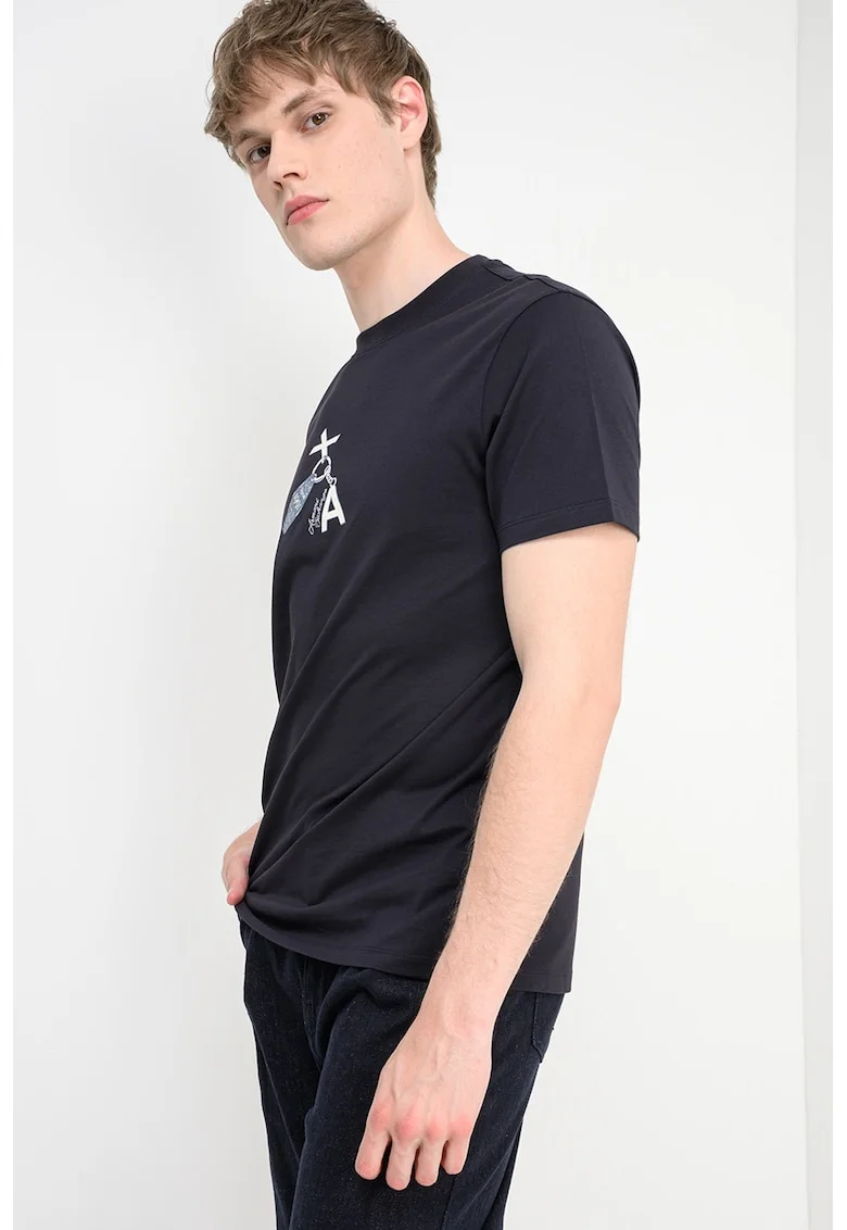 Tricou de bumbac cu imprimeu, Negru/Alb murdar/Bleumarin