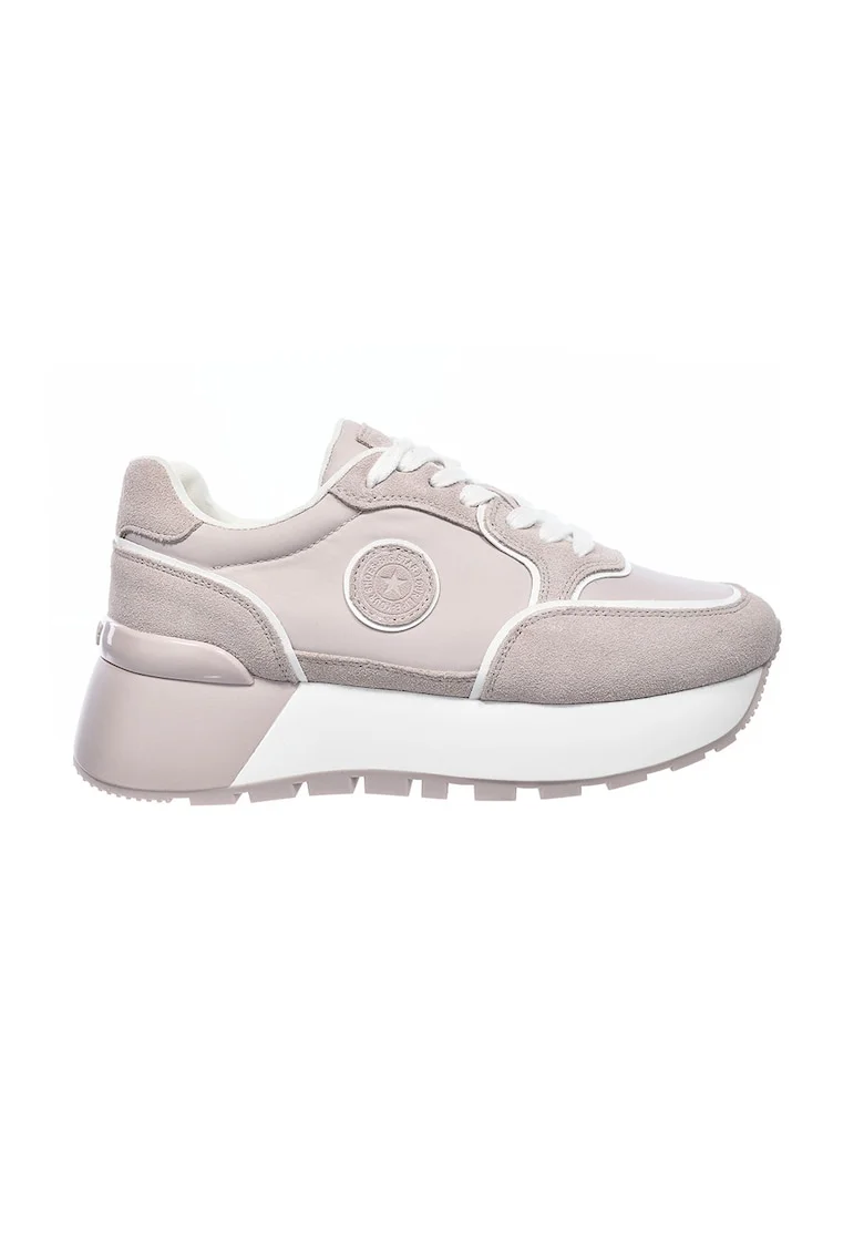 Pantofi sport din material textil cu garnituri din piele intoarsa si talpa masiva, Roz prafuit