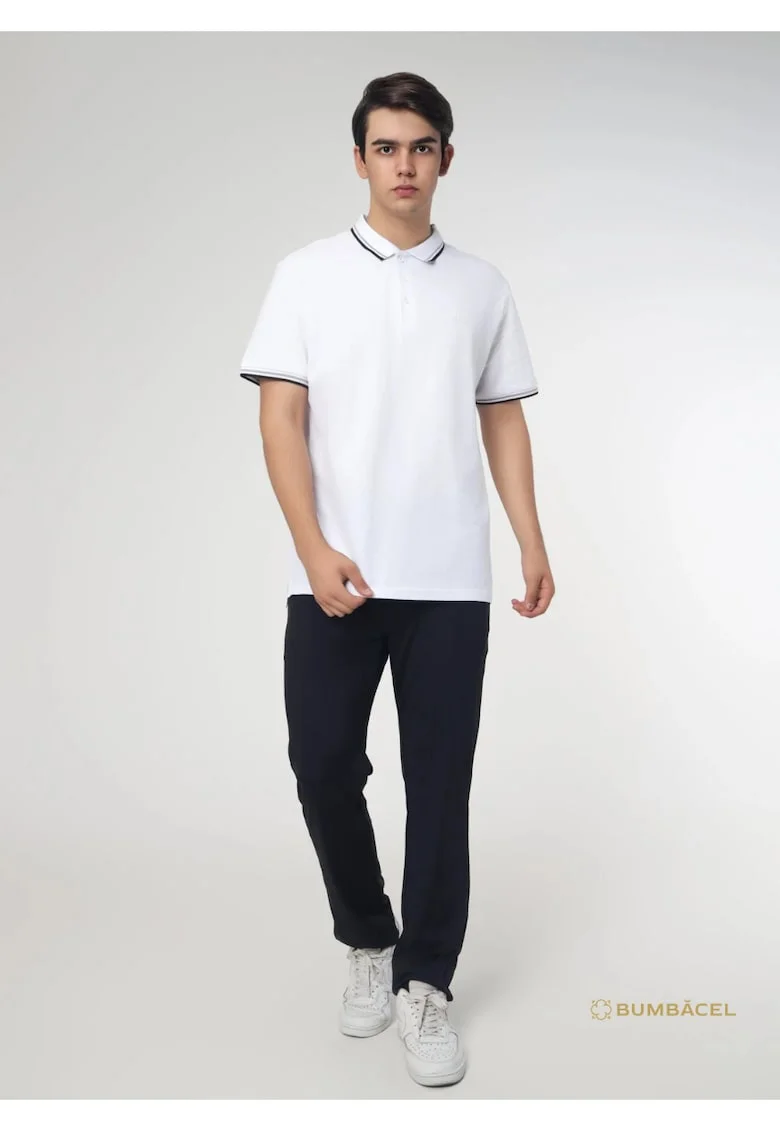 Tricou polo din bumbac pentru barbati cu maneca scurta si guler cu imprimeu si cu nasturi, Alb