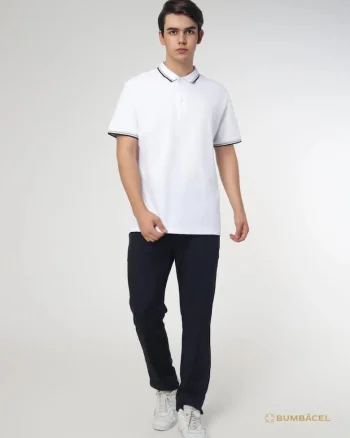 Tricou polo din bumbac pentru barbati cu maneca scurta si guler cu imprimeu si cu nasturi, Alb