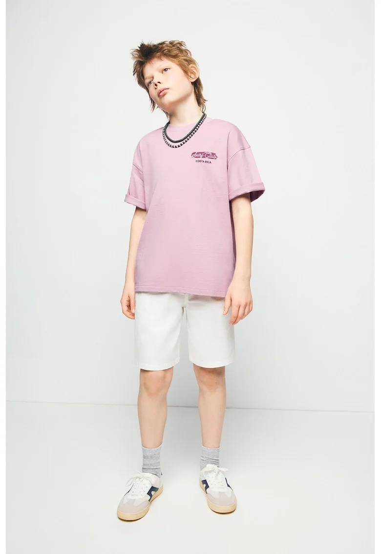 Tricou cu imprimeu si decolteu la baza gatului, Violet tyrian/Roz prafuit