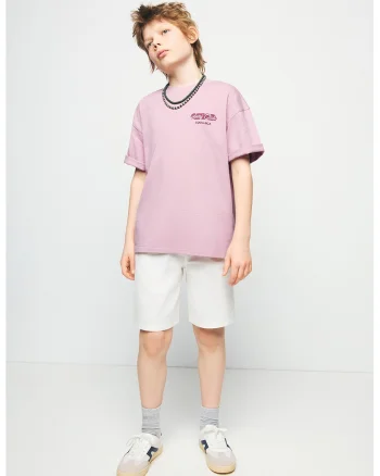 Tricou cu imprimeu si decolteu la baza gatului, Violet tyrian/Roz prafuit