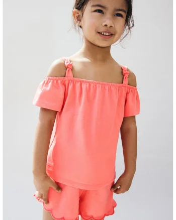 Tricou uni cu decolteu pe umeri, Coral