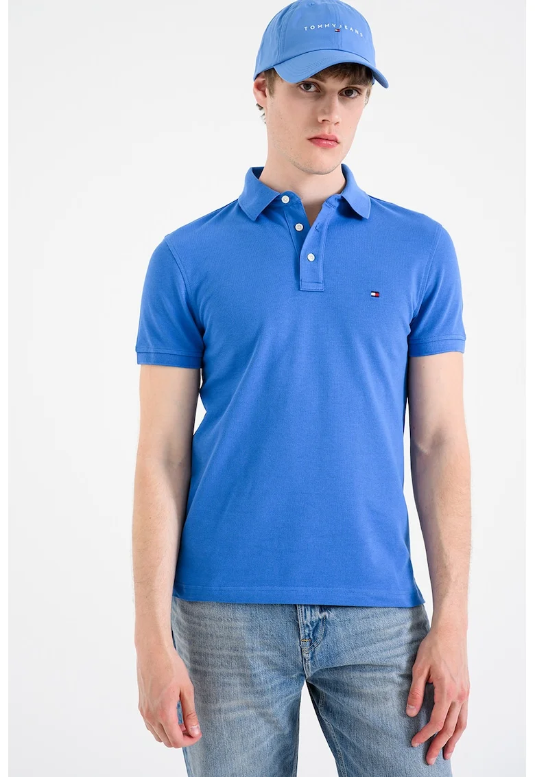 Tricou polo slim fit din amestec de bumbac organic 1985, Albastru cobalt