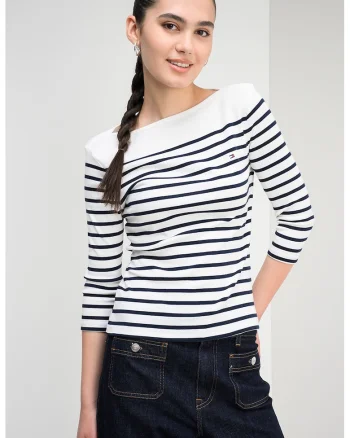 Bluza slim-fit de bumbac cu maneci trei sferturi, Albastru ultramarin/Alb murdar