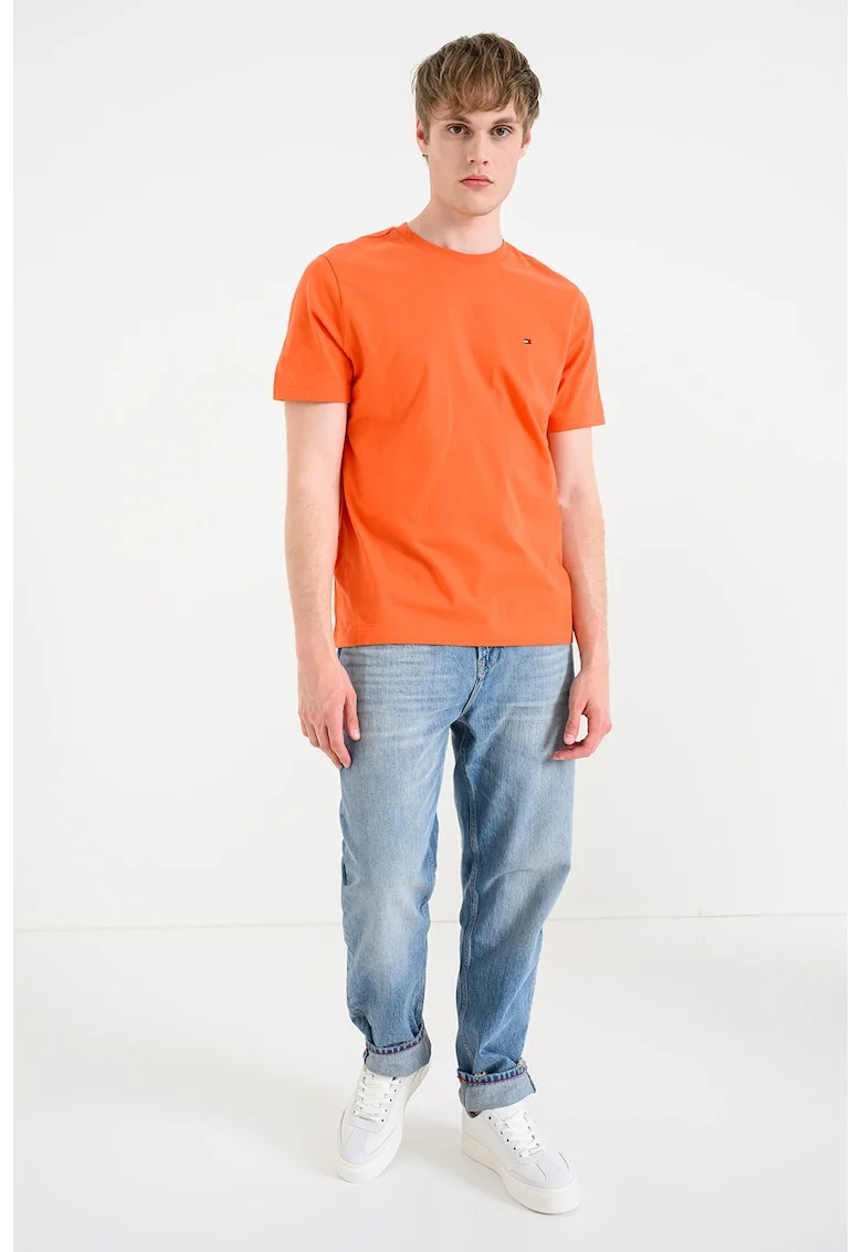 Tricou din bumbac cu decolteu la baza gatului, Portocaliu neon