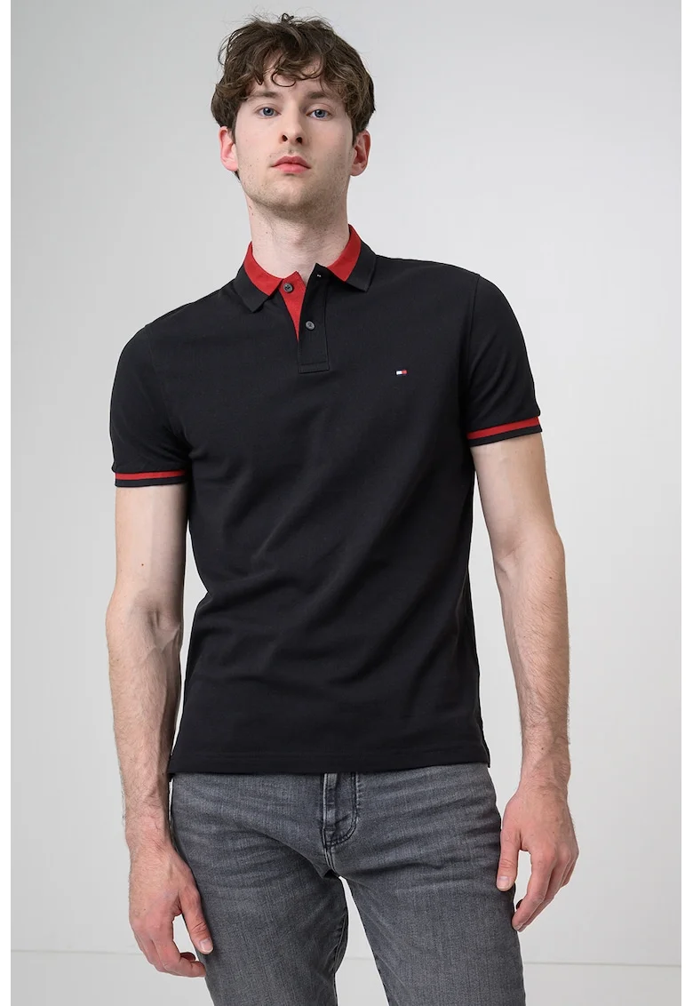 Tricou regular-fit cu guler polo, din amestec de bumbac organic, Negru