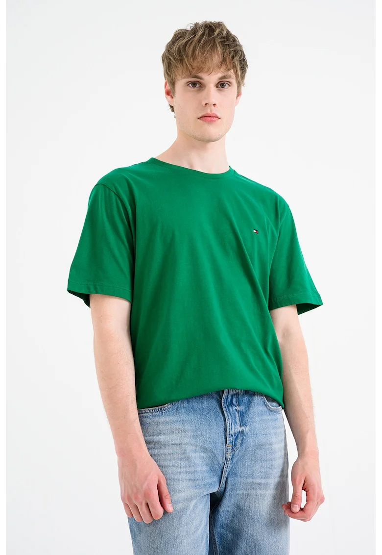Tricou din bumbac cu decolteu la baza gatului, Verde indian