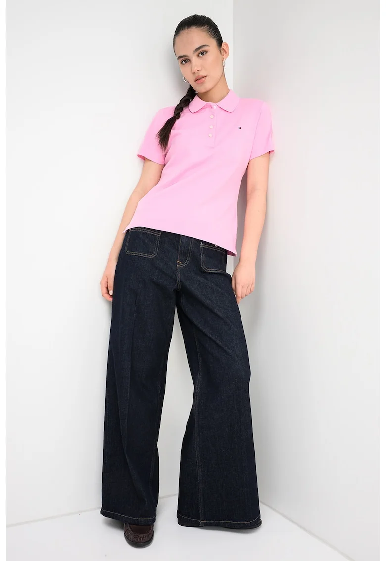 Tricou polo cu croiala slim-fit si logo, Roz deschis