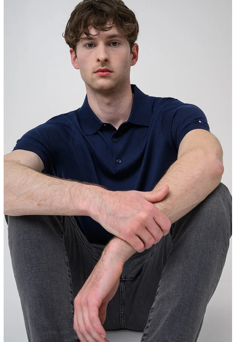 Tricou polo din amestec de bumbac organic si lyocell, Bleumarin