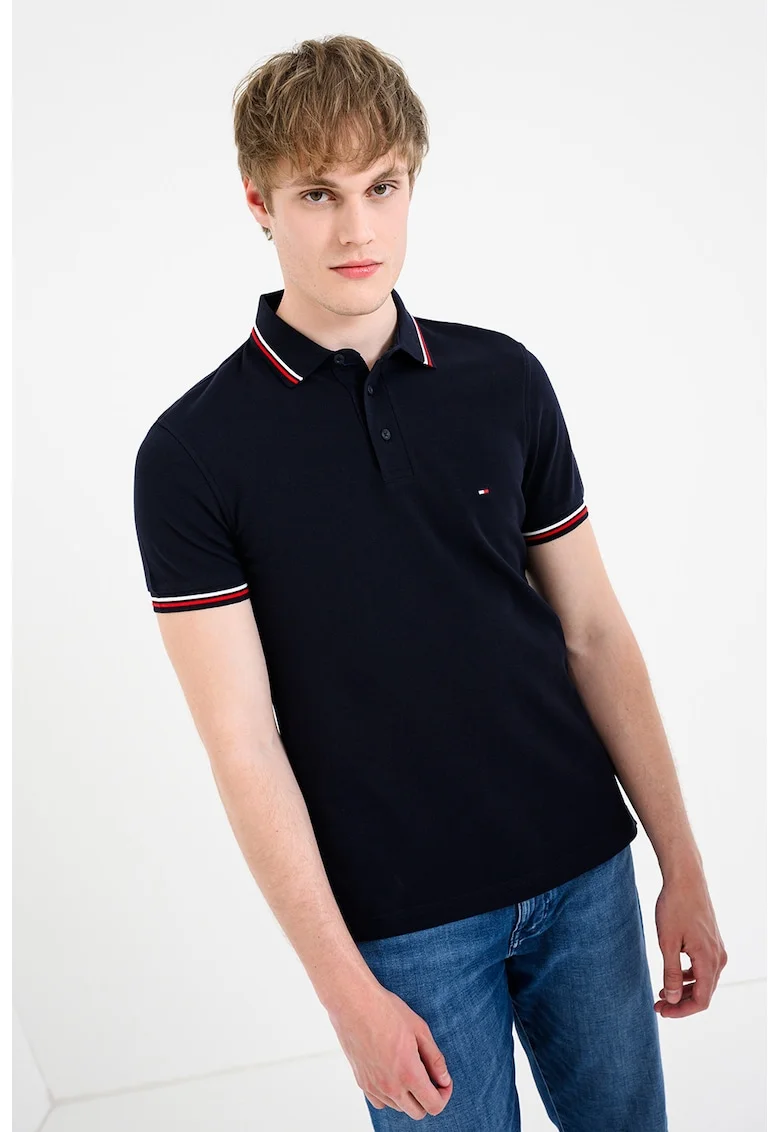 Tricou polo slim fit cu garnituri contrastante, Albastru ultramarin