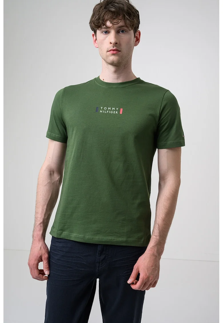 Tricou regular fit cu imprimeu logo discret, Verde padure