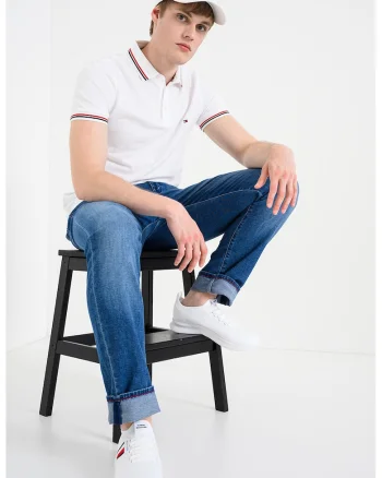 Tricou polo slim fit cu garnituri contrastante, Alb