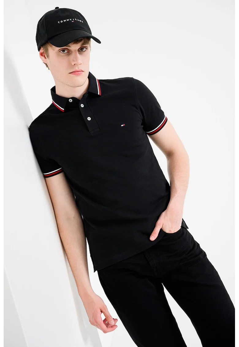 Tricou polo slim fit cu garnituri contrastante, Negru