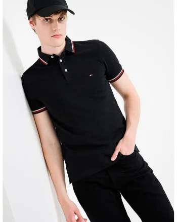 Tricou polo slim fit cu garnituri contrastante, Negru