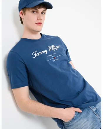 Tricou cu decolteu la baza gatului cu logo, Alb/Albastru prafuit