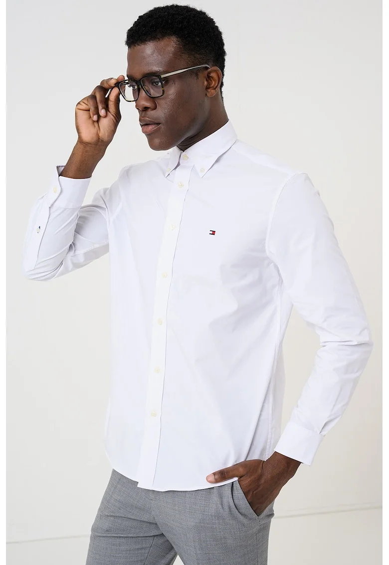 Camasa slim fit cu logo pe piept, Alb