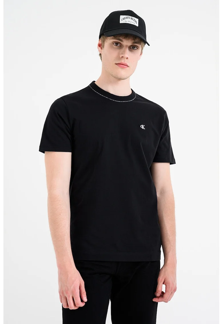 Tricou de bumbac cu decolteu la baza gatului, Negru