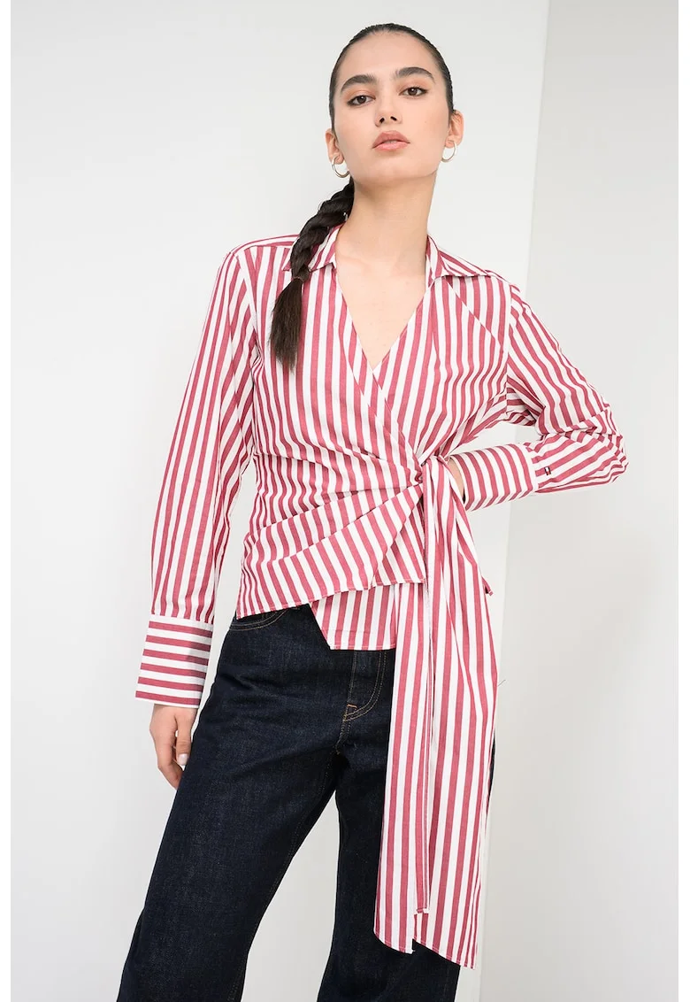Camasa slim fit in dungi cu detaliu drapat, Alb/Rosu prafuit