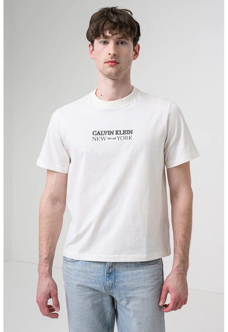 Tricou de bumbac cu logo brodat, Alb fildes/Gri inchis