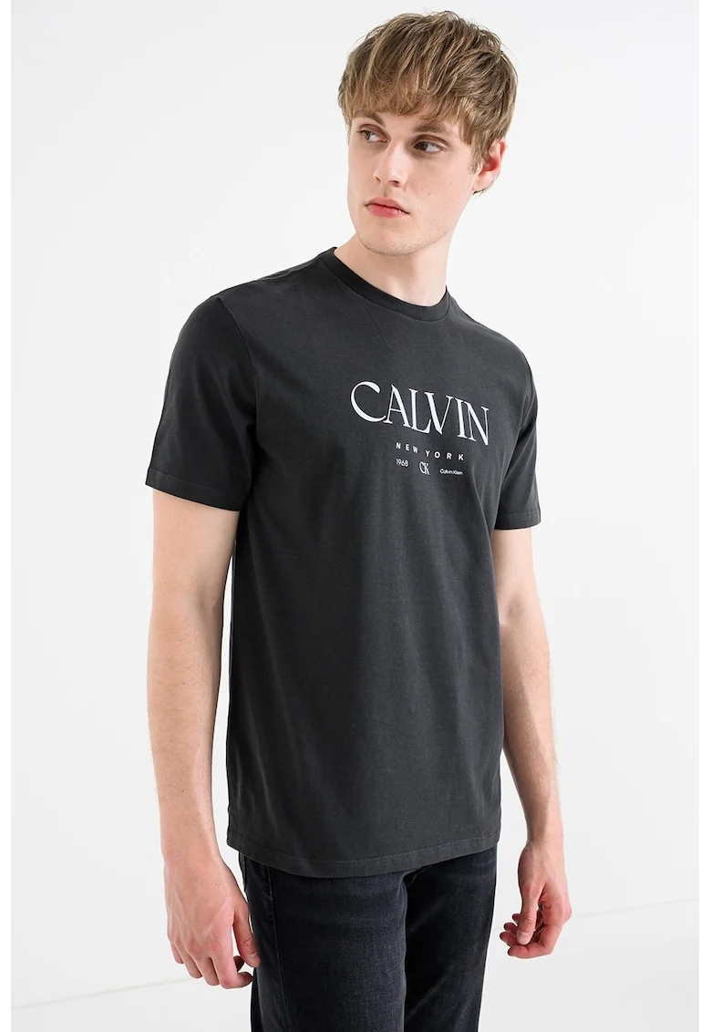 Tricou de bumbac cu logo, Albastru deschis/Gri inchis