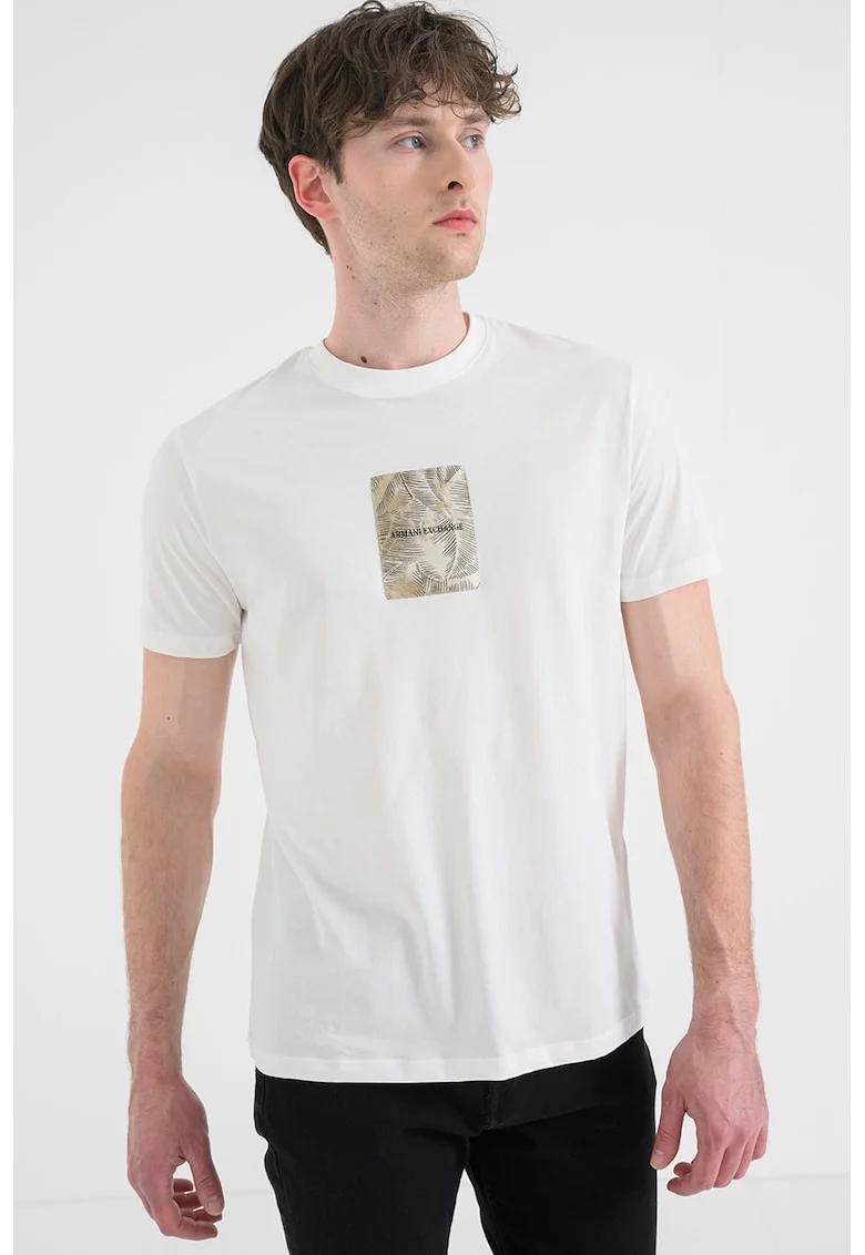 Tricou din bumbac cu decolteu la baza gatului, Alb