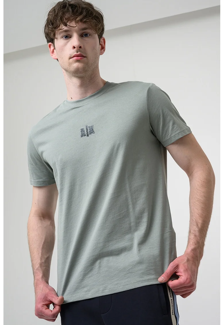Tricou cu decolteu la baza gatului si model monograma, Verde deschis