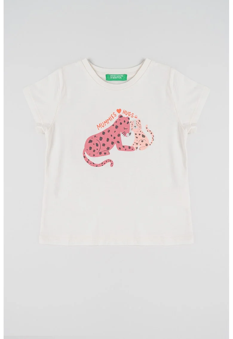 Tricou cu decolteu la baza gatului si model grafic, Roz/Crem