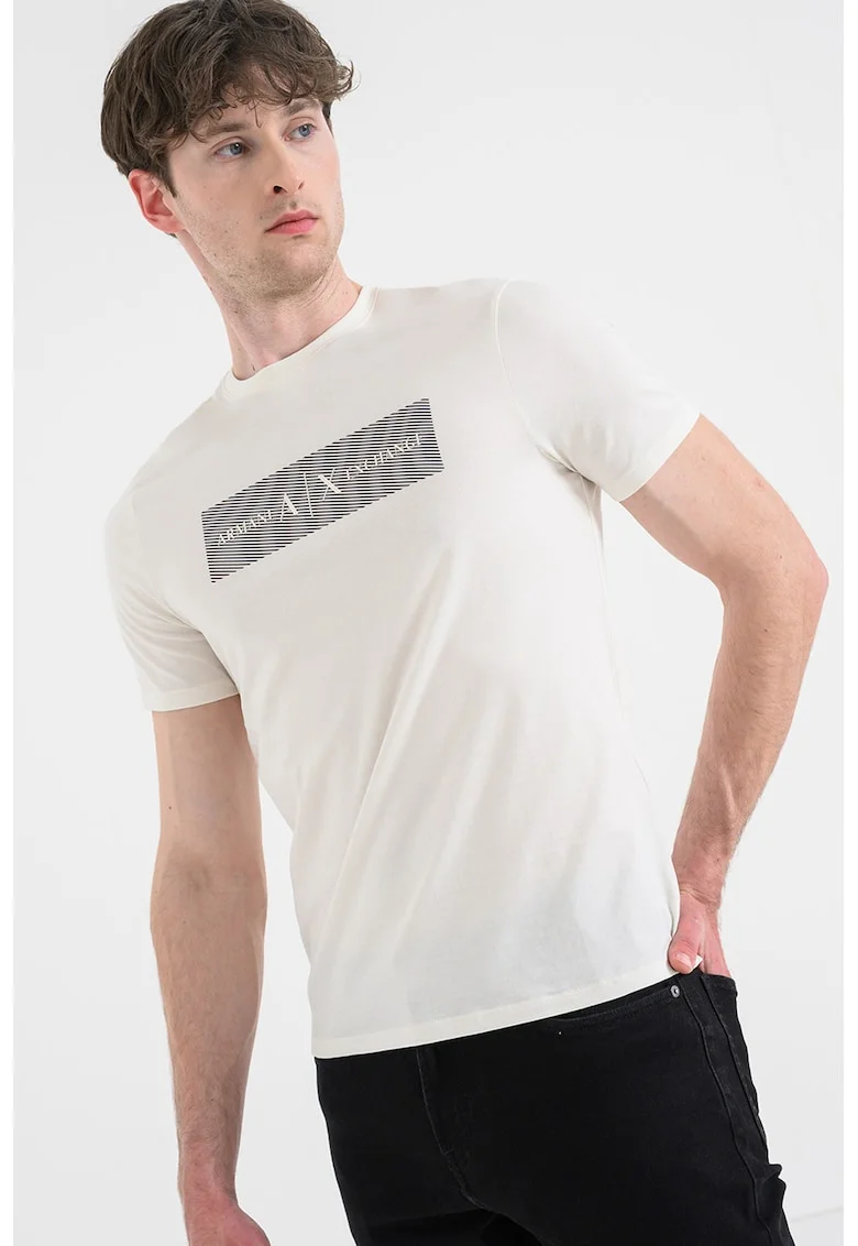 Tricou cu decolteu la baza gatului si imprimeu logo, Alb murdar
