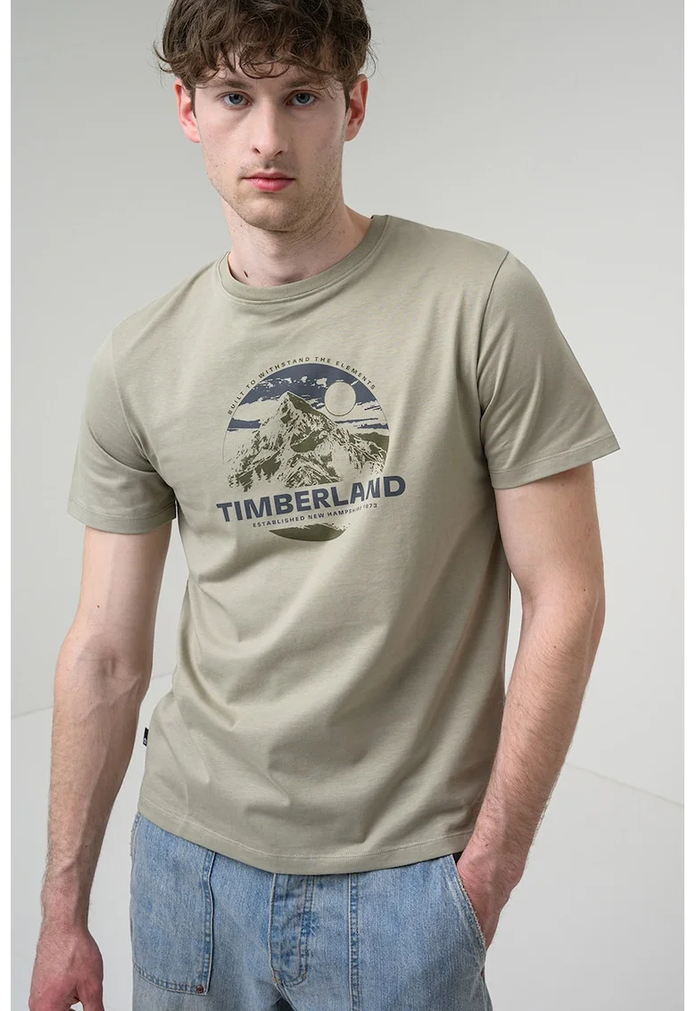Tricou cu decolteu la baza gatului si imprimeu grafic, Maro taupe deschis