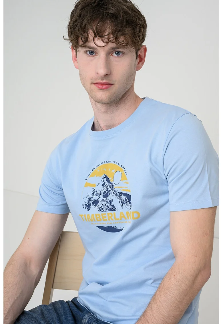 Tricou cu decolteu la baza gatului si imprimeu grafic, Albastru deschis