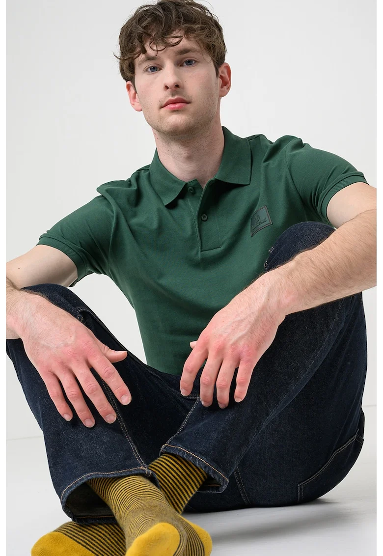Tricou polo din bumbac Silicon Badge, Verde inchis