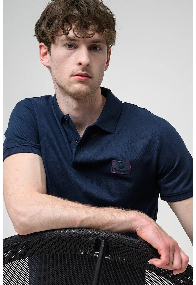 Tricou polo din bumbac Silicon Badge, Bleumarin