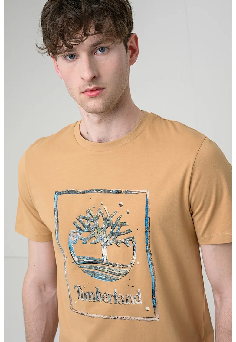 Tricou din bumbac cu imprimeu grafic si logo, Caramel