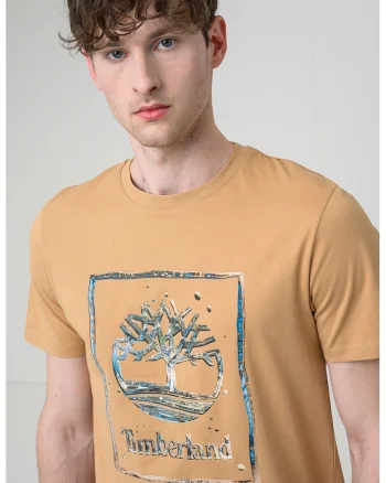 Tricou din bumbac cu imprimeu grafic si logo, Caramel
