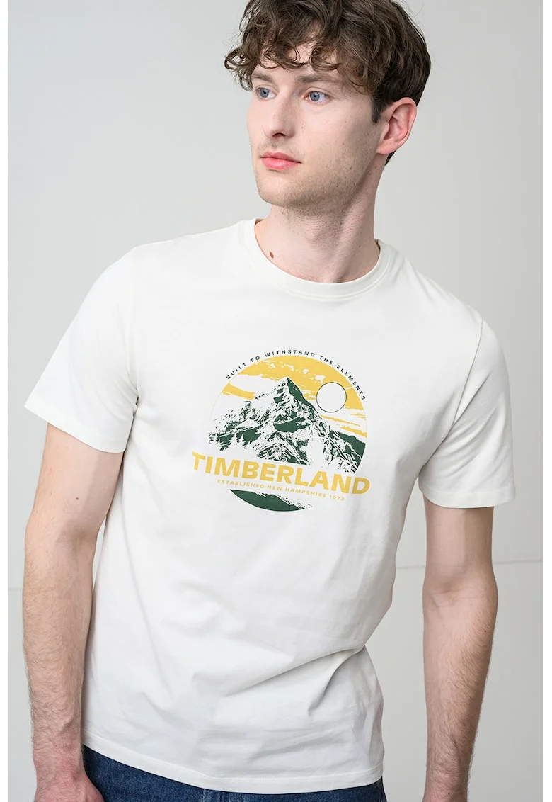 Tricou cu decolteu la baza gatului si imprimeu grafic, Alb murdar