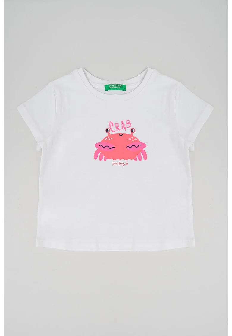 Tricou cu decolteu la baza gatului si model grafic, Alb