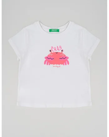 Tricou cu decolteu la baza gatului si model grafic, Alb