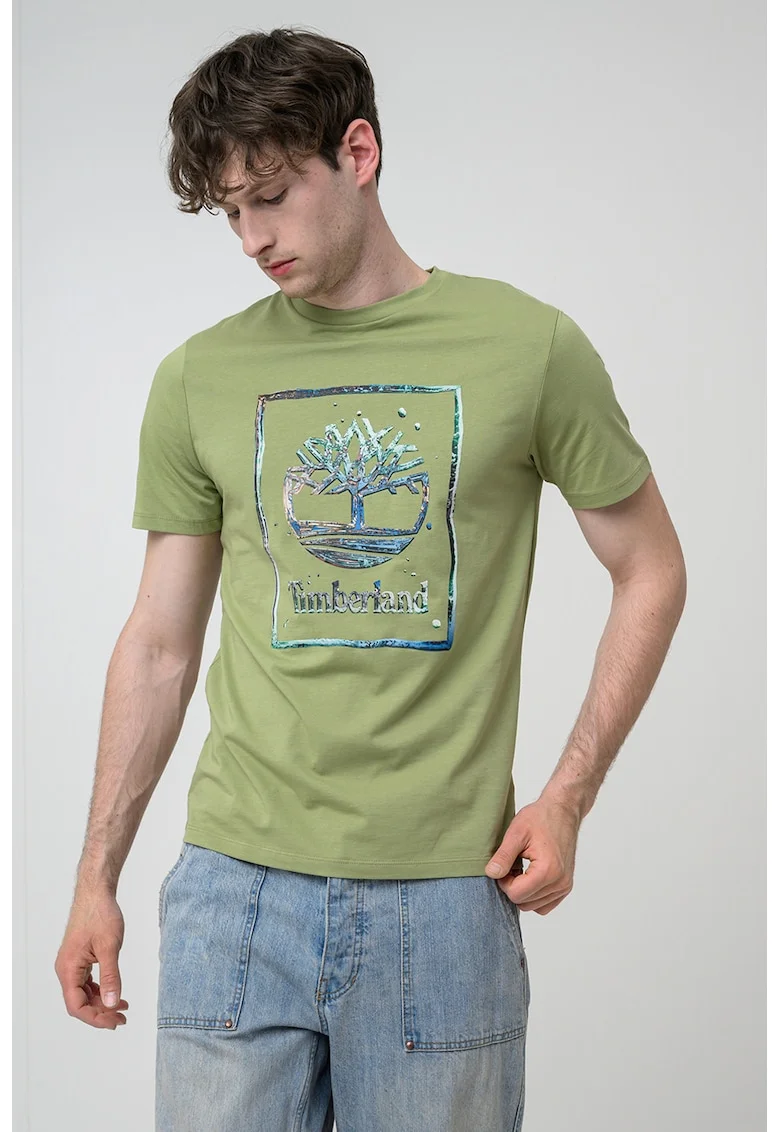 Tricou din bumbac cu imprimeu grafic si logo, Verde deschis