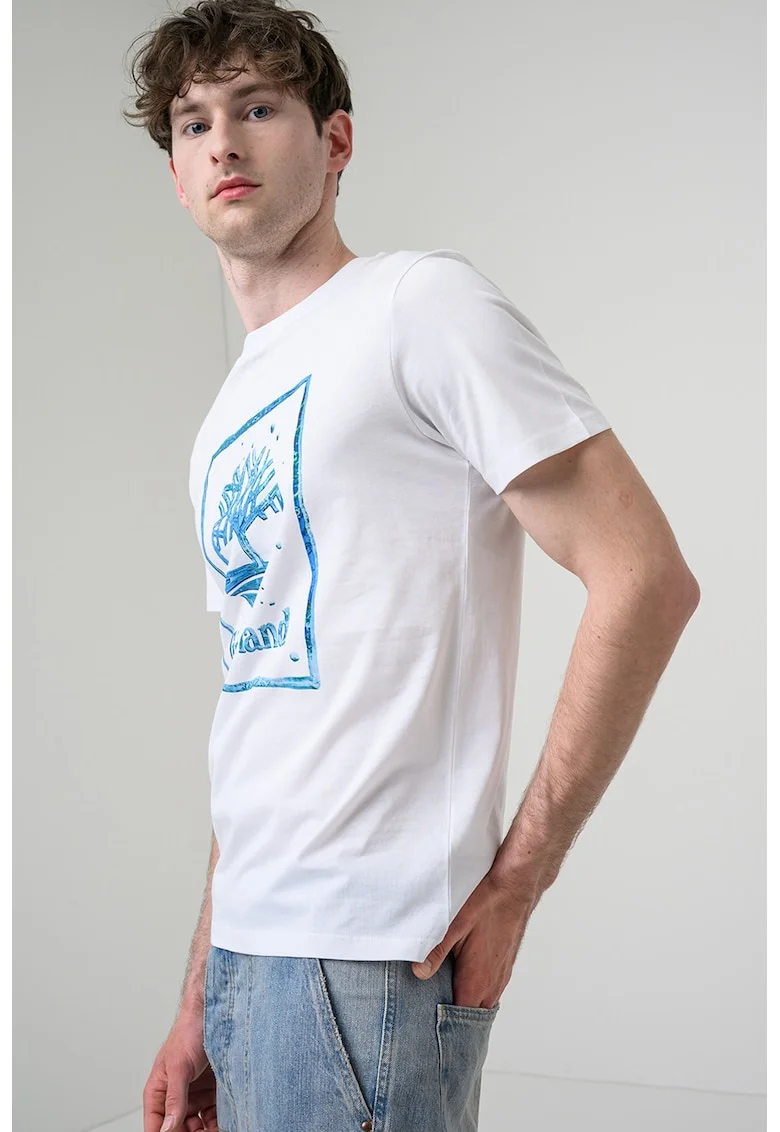 Tricou din bumbac cu imprimeu grafic si logo, Alb